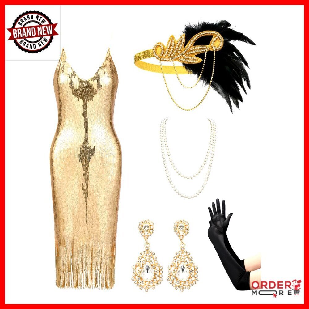 1920s Flapper Dress with Accessories Set, Sequin Fringe, Backless Design